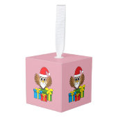 Santa Claus Owl met Cadeaus Kubus Ornament (Voorkant hoekig)