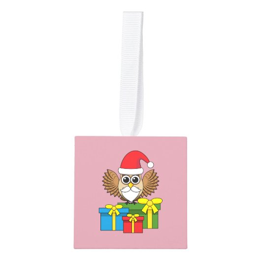 Santa Claus Owl met Cadeaus Kubus Ornament (Voorkant)