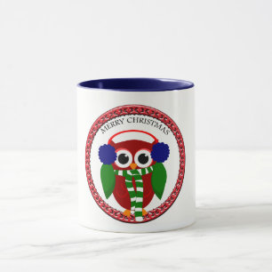 Santa Claus Owl met een sjaal en een blauw oor Mok