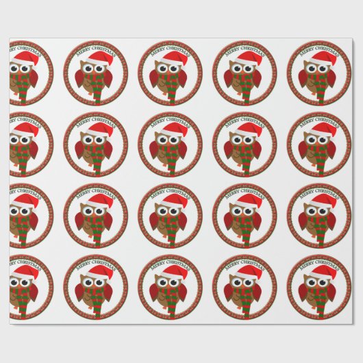 Santa Claus Owl met rode en witte sjaal en pet Cadeaupapier (Vlak)