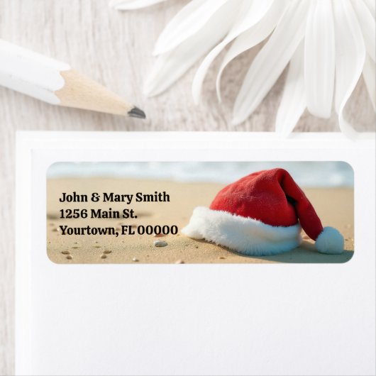 Santa Claus Pet op een tropisch strand Etiket (Insitu)