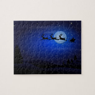 Santa Claus Reindeer en Sleigh over Moon Legpuzzel