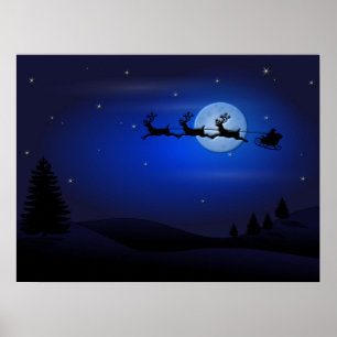 Santa Claus Reindeer en Sleigh over Moon Poster