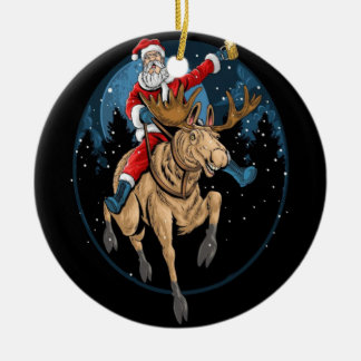 SANTA CLAUS RIDING A CHRISTMAS REINDEER KERAMISCH ORNAMENT
