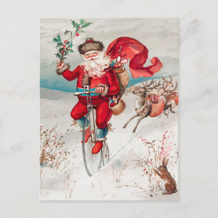 Santa Claus Riding Bicycle, rendier en konijn Feestdagenkaart
