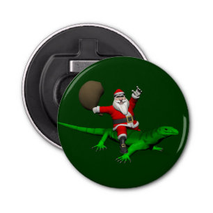 Santa Claus Riding Green Lizard Button Flesopener