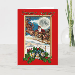 Santa Claus, Sleigh & Holly Bells Christmas Card Feestdagen Kaart
