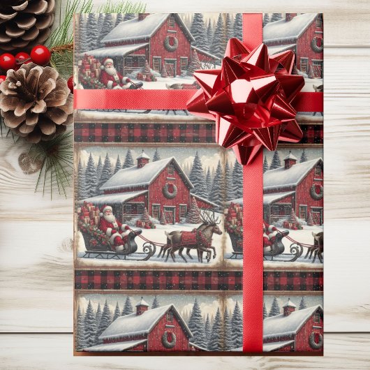 Santa Claus Sleigh Reindeer Barn Christmas Country Cadeaupapier