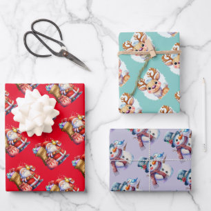 Santa Claus, Snowman en Reindeerpapier Inpakpapier Vel