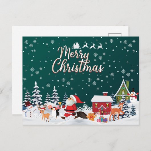 Santa Claus, Snowman Merry Kerstmis Briefkaart (Voorkant / Achterkant)