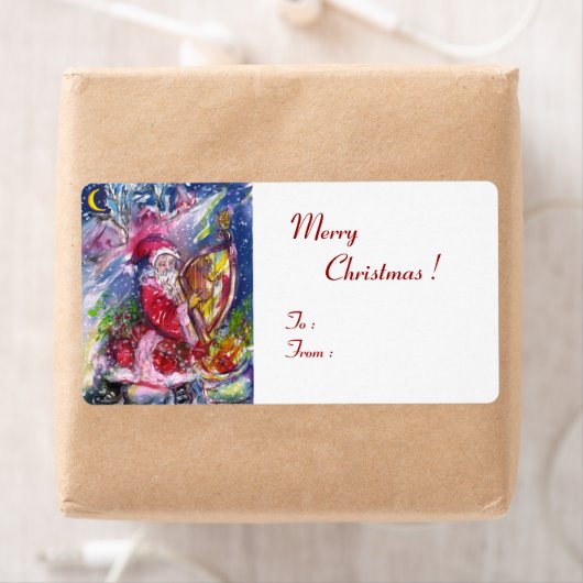 SANTA CLAUS SPEELT HARP IN HET MOONLIGHT ETIKET (Insitu)