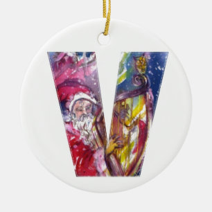 SANTA CLAUS SPEELT HARP IN HET MOONLIGHT KERAMISCH ORNAMENT