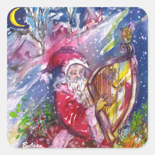 SANTA CLAUS SPEELT HARP IN HET MOONLIGHT VIERKANTE STICKER (Voorkant)