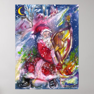 SANTA CLAUS SPEELT HARP IN MOONLIGHT kerst Poster