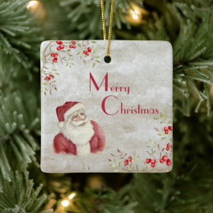 Santa Claus Waterverf Winter Berries Rode Vintage Keramisch Ornament