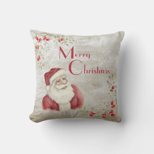 Santa Claus Waterverf Winter Berries  rood Kussen