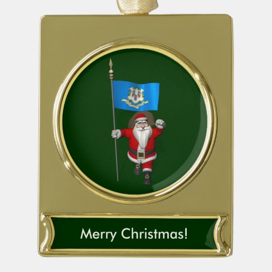 Santa Claus With Ensign Of Connecticut Verguld Banner Ornament (Voorkant)
