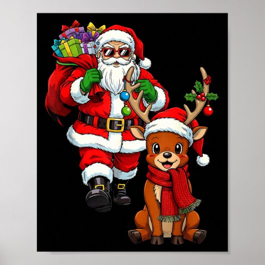 Santa Claus With Reindeer And Cool Christmas Poster (Voorkant)