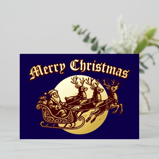 Santa Clause In Sleigh & Reindeer Christmas Folie Feestdagenkaart (Staand Voorkant)