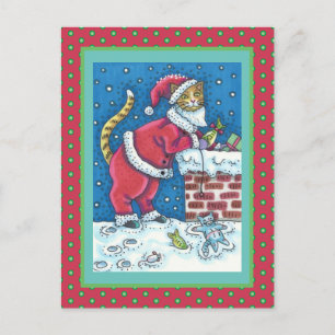 SANTA CLAWS CAT ON ROOFTOP BRINGGIFTS, FUNNY BRIEFKAART