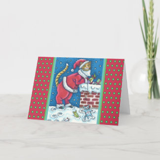 SANTA CLAWS CAT ON ROOFTOP BRINGGIFTS, FUNNY FEESTDAGEN KAART