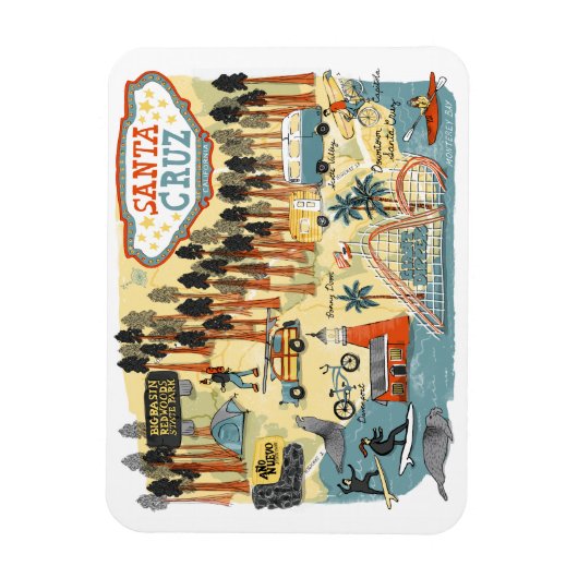 Santa Cruz California Illustrated Map Magneet (Verticaal)
