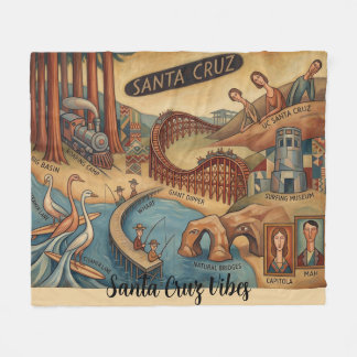 Santa Cruz California Whimsical Map UCSC Boardwalk Fleece Deken