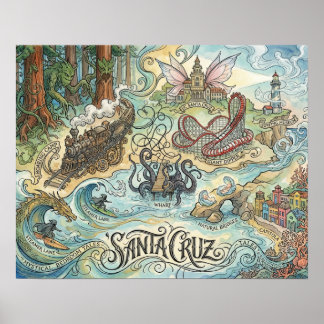 Santa Cruz Californië Geïllustreerde kaart Mythisc Poster