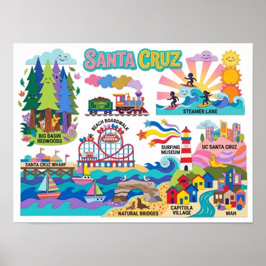 Santa Cruz Illustrated Map Boardwalk Beach Surfing Poster (Voorkant)