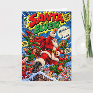 Santa & De Elfen Superhelden Kerstkaart | Retro Kaart