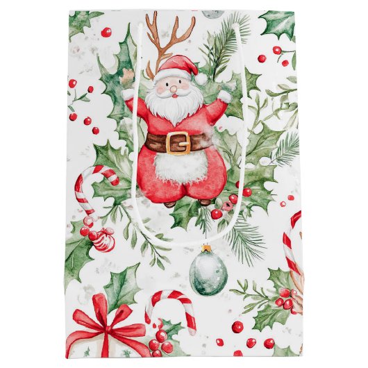 Santa Deer Baubles Holly Christmas Medium Cadeauzakje (Achterkant)