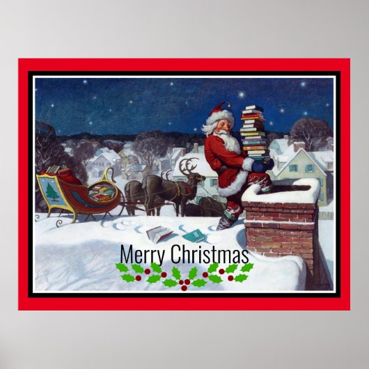 Santa delivering armload of books poster (Voorkant)
