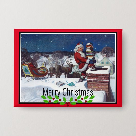 Santa Delivering Books at Christmas Button (Voorkant)