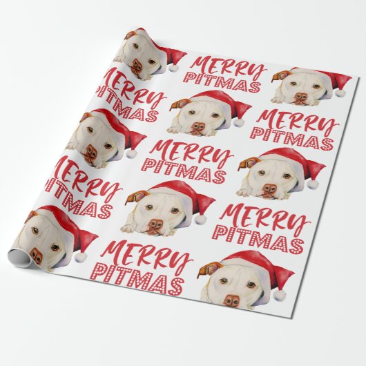 Santa Dog Merry Pitmas Funny Pitbull Kerstmis Cadeaupapier (Uitgerold)