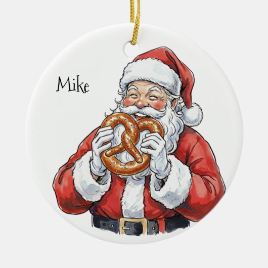 Santa eating Philly Soft Pretzel Ceramic Ornament (Voorkant)