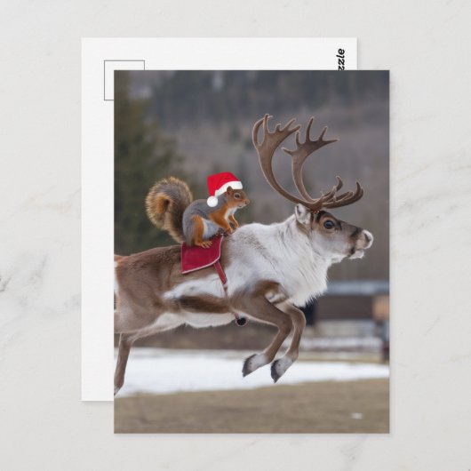 Santa Eekhoorn Rijden op een Rendier Briefkaart (Voorkant / Achterkant)