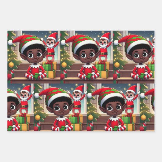 Santa Elf op Plank Kerst Wrapping Papier (3) Inpakpapier Vel (Voorkant)