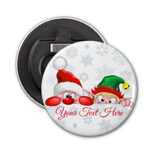 Santa en Elf Cute en grappige tekenaars die naar d Button Flesopener