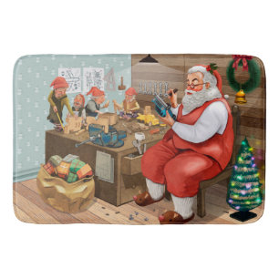 Santa en Elves die speelgoed maken Kerstmis Badmat