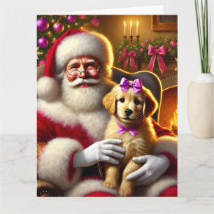 Santa en Golden Retriever Puppy met Roze strik Kaart