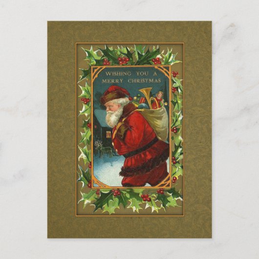 Santa en Holly Christmas Briefkaart (Voorkant)