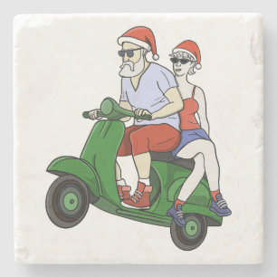 Santa en mevrouw Claus rijden op een scooter Stenen Onderzetter