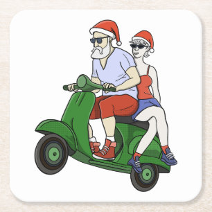 Santa en mevrouw Claus rijden op een scooter Vierkante Kartonnen Onderzetter