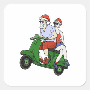 Santa en mevrouw Claus rijden op een scooter Vierkante Sticker