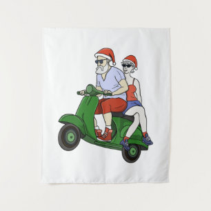 Santa en mevrouw Claus rijden op een scooter Wandkleed