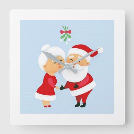 "SANTA EN MRS. CLAUS KISSING" CHRISTMAS CLOCK VIERKANTE KLOK (Voorkant)
