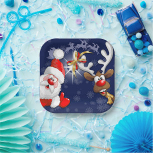 Santa en Reindeer Merry Christmass Happy Cartoon Papieren Bordje
