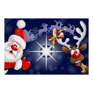 Santa en Reindeer Merry Christmass Happy Cartoon Perfect Poster