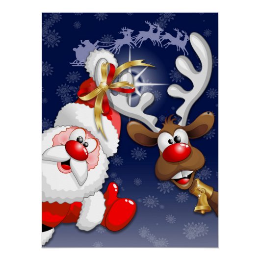 Santa en Reindeer Merry Christmass Happy Cartoon Perfect Poster (Voorkant)
