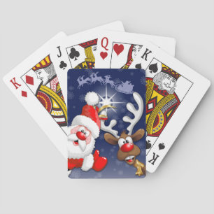 Santa en Reindeer Merry Christmass Happy Cartoon Pokerkaarten
